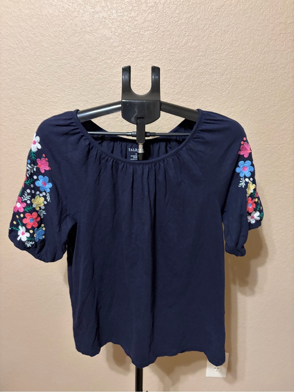 Talbots Navy Top with Colorful Embroidered Floral Sleeves